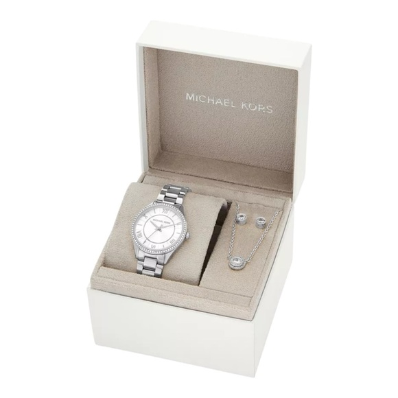 Michael Kors Accessories - Michael Kors Women's Lauryn Three-Hand Stainless Steel Watch, Earrings and Neckl
